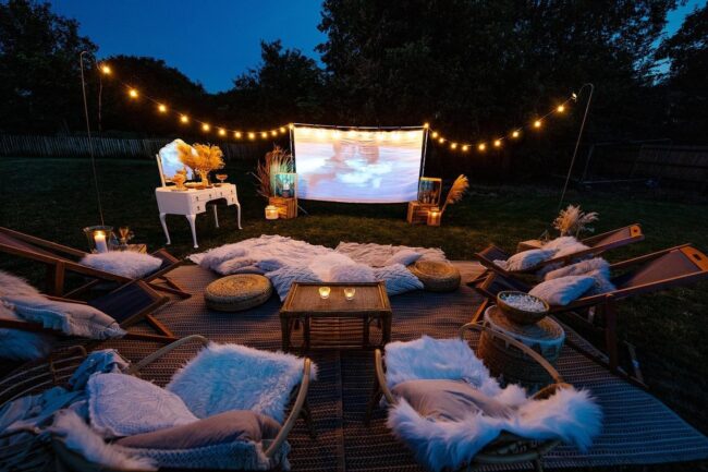 Rustic Boho Outdoor Movie Setup