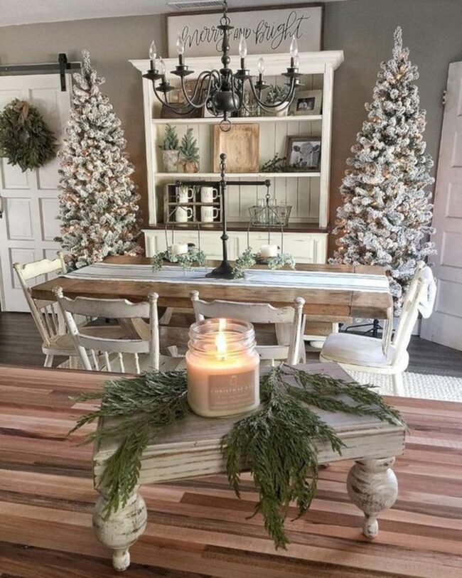 Cozy Dining Room with Snowy Trees