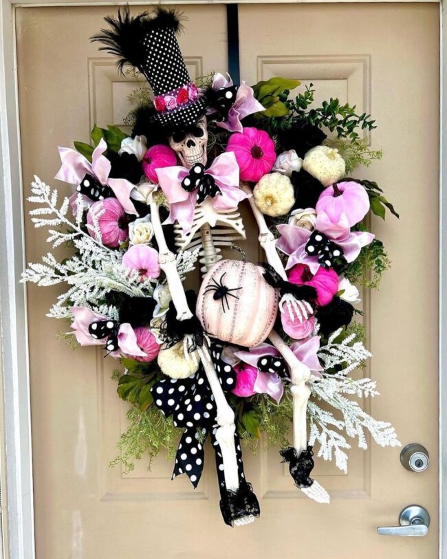 Pink Skeleton Halloween Wreath