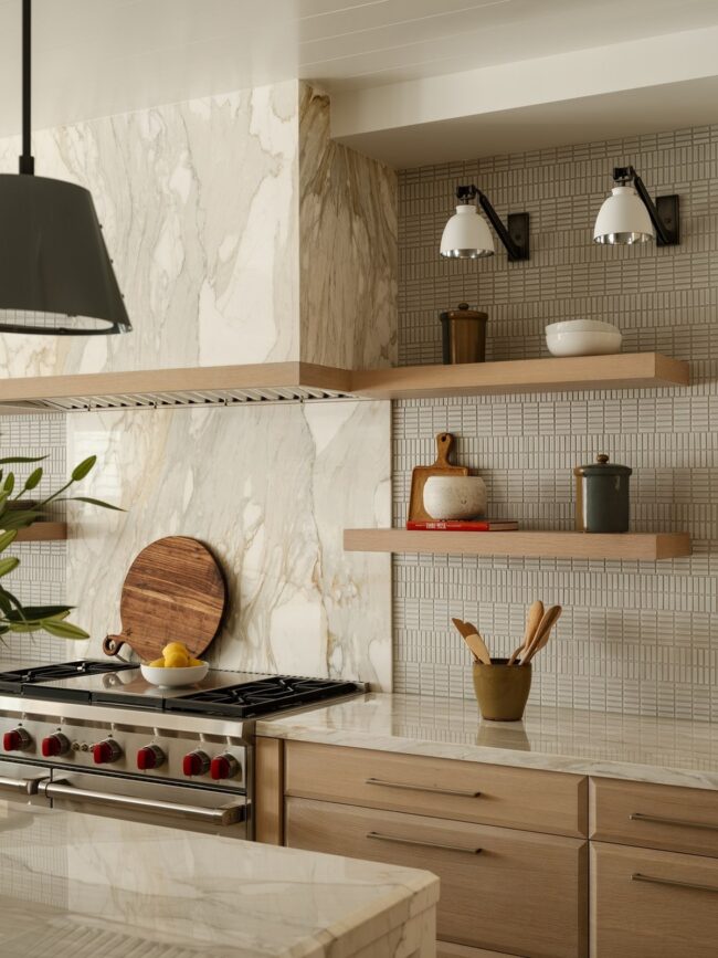 Marble Backsplash with Open Shelving