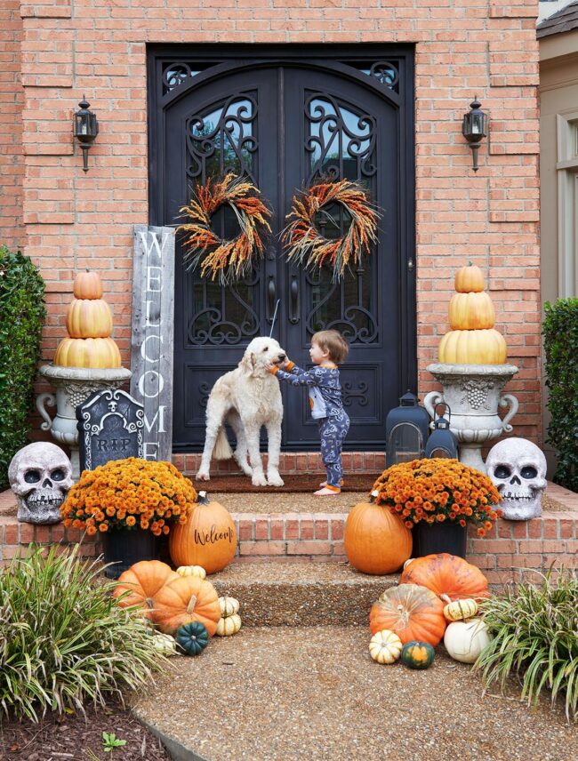 Charming Halloween Display with Pumpkins and Florals