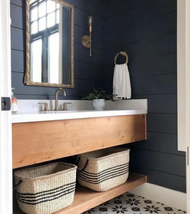 Dark Shiplap and Woven Storage Touches