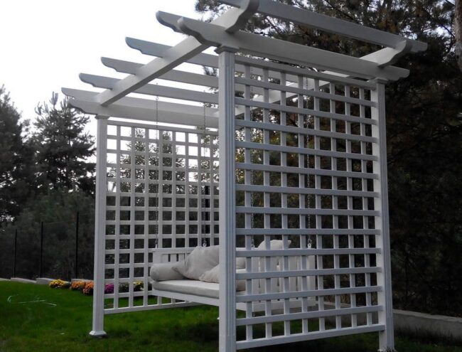 White Pergola with Swing Seating