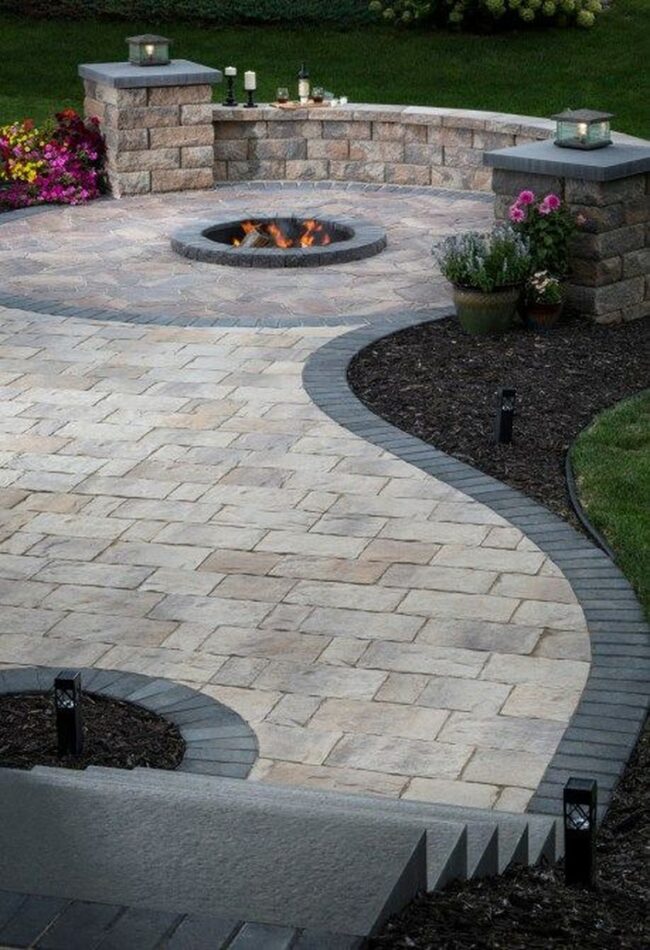 Curved Paver Layout Featuring Fire Pit