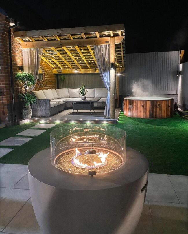 Pergola Lounge with a Central Fire Pit