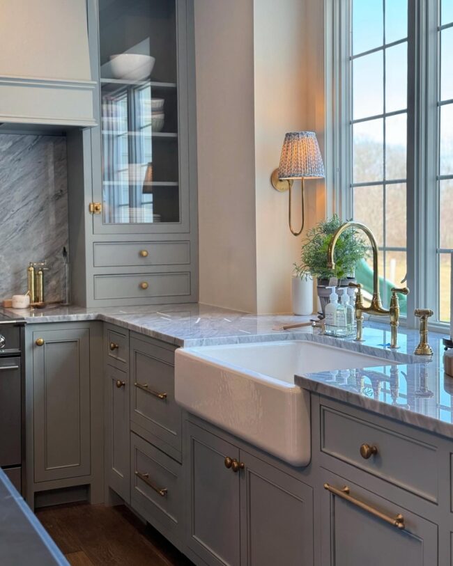 Calming Grey Cabinets with a Rustic Touch