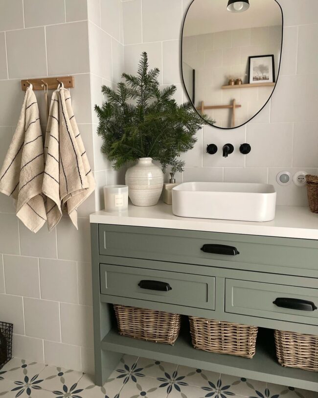 Earthy Green Vanity with Natural Elements