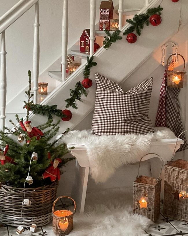 A Cozy Holiday Staircase with a Rustic Feel