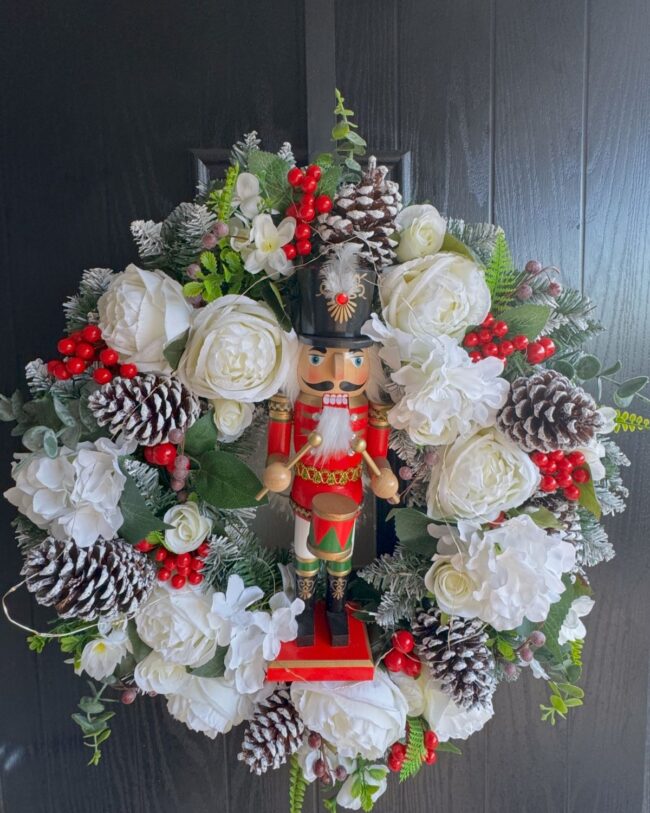 Nutcracker-Inspired Wreath with Elegant White Roses