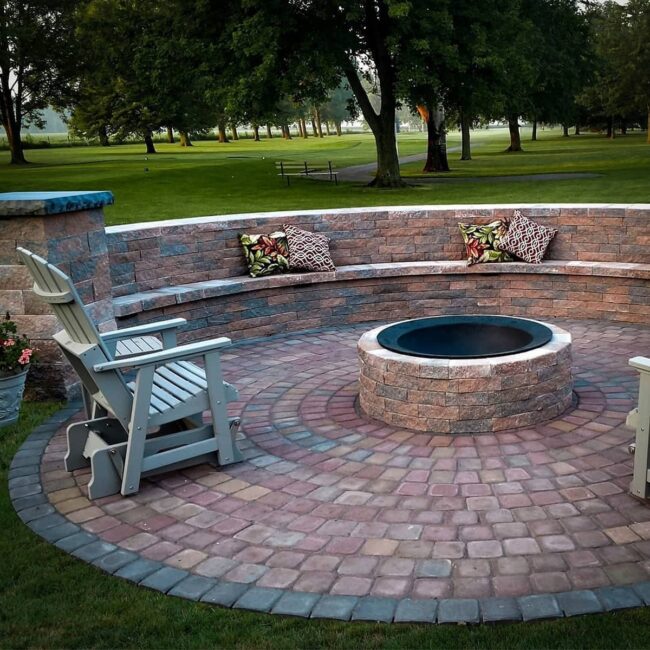 Circular Stone Fire Pit with Built-In Bench Seating