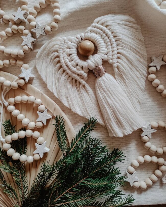 A Macrame Angel Ornament with Soft Wooden Beads