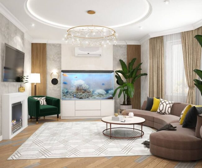 Bright Modern Living Room with Large Aquarium