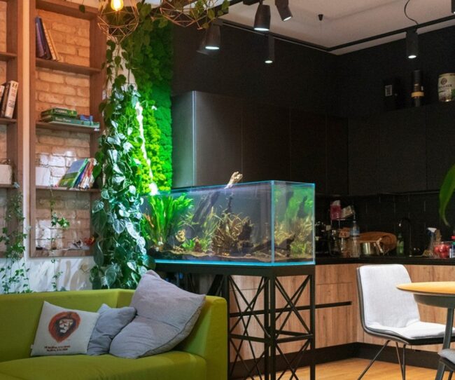 Central Aquarium in Lush Green Living Room