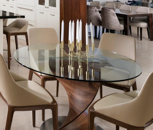 Elegant Glass Dining Table with Wooden Swirl Base