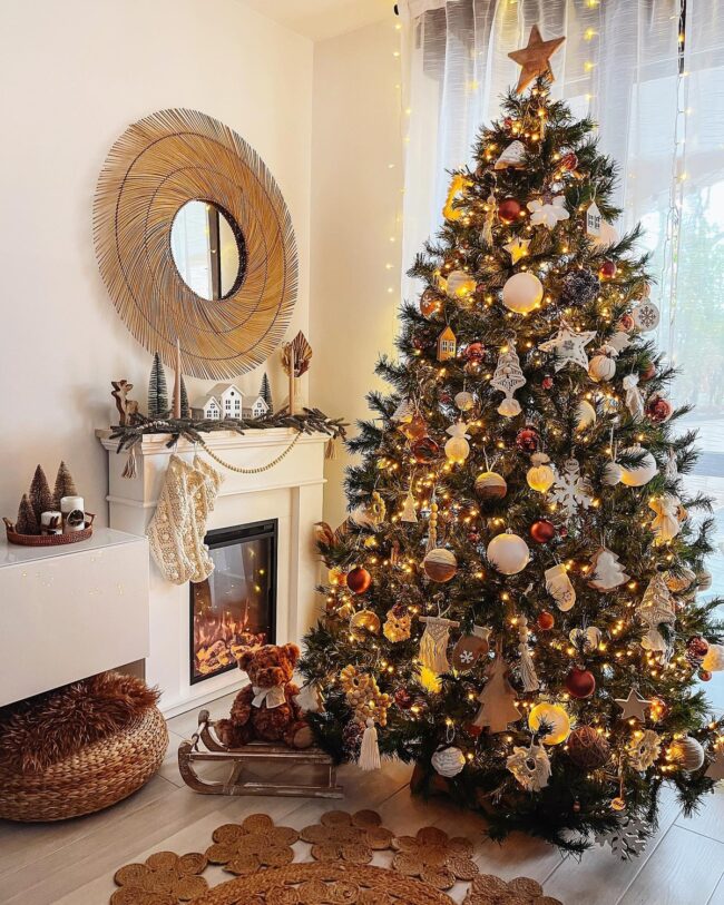 A Cozy Boho Living Room with a Christmas Tree