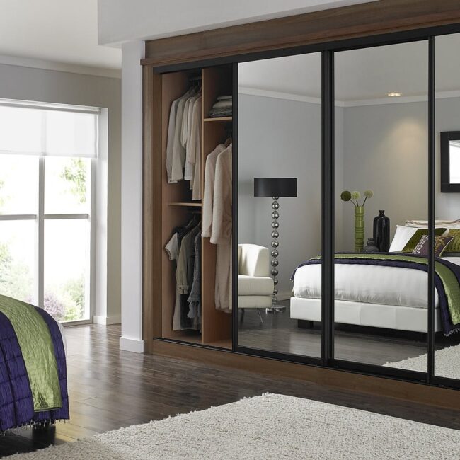 Integrated Shelving with Mirror Doors