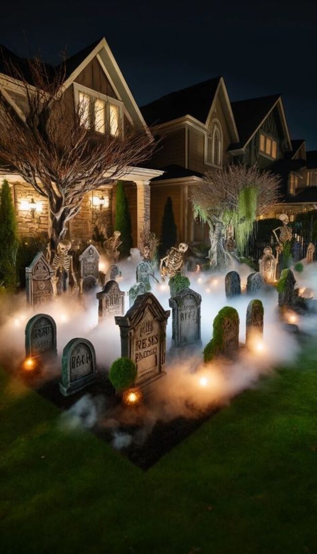 Foggy Graveyard with Haunting Skeletons