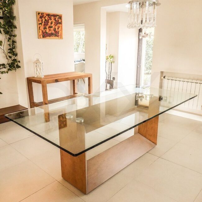 Contemporary Glass Dining Table with Wooden Base