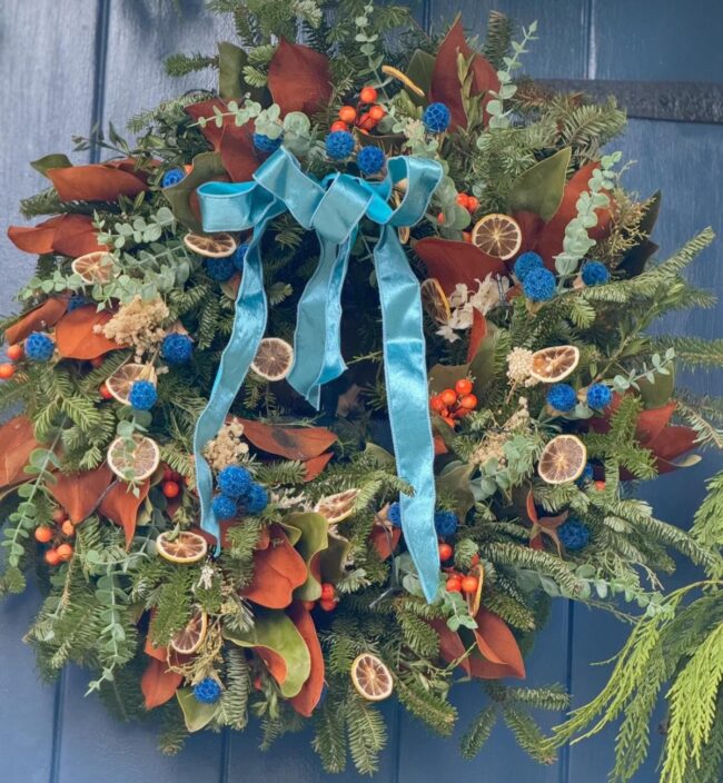 A Unique Wreath with Blue & Orange Hues