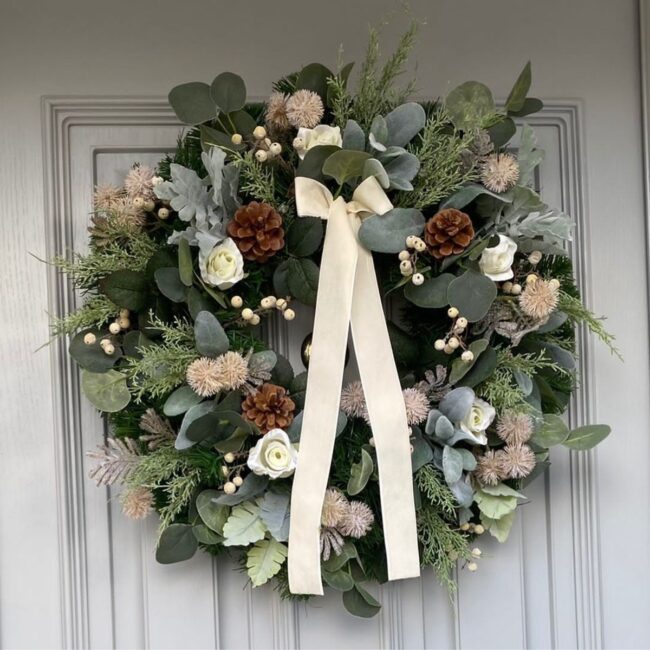 Elegant Greenery with Pinecones & Soft White Roses