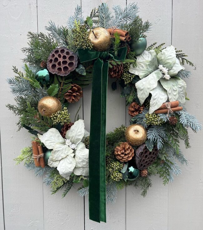 A Classic Green & White Wreath with Velvet Accents