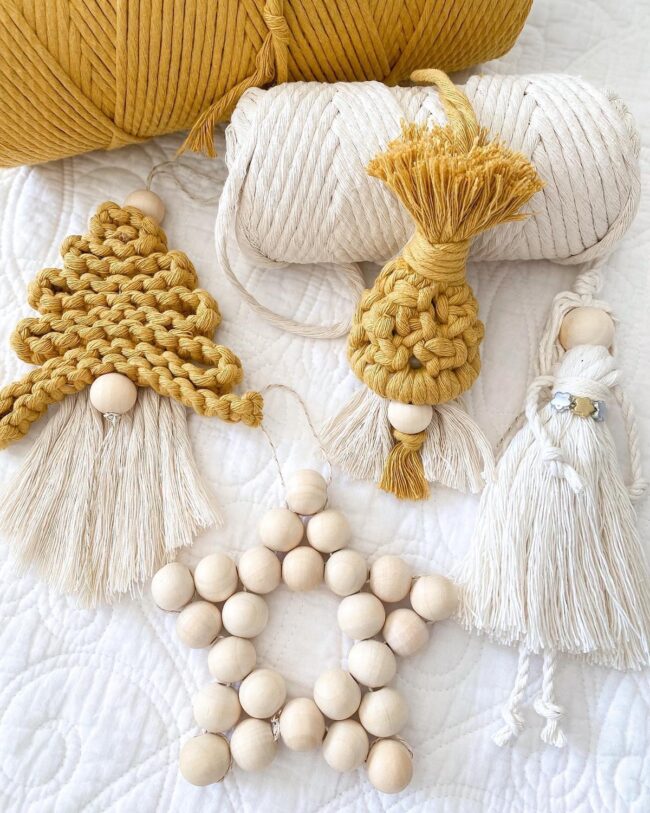 A Mix of Macrame & Wooden Bead Ornaments