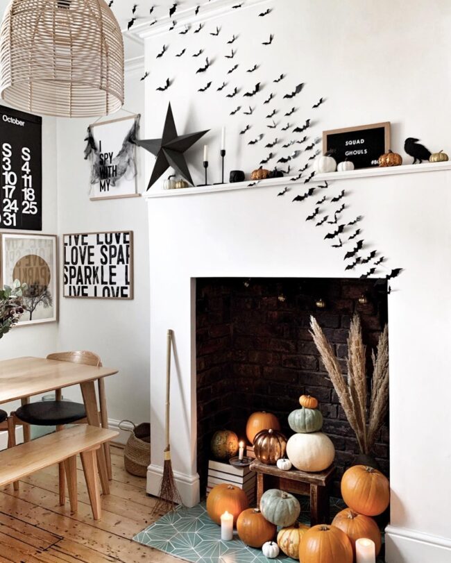 Bat and Pumpkin-Themed Fireplace Decor