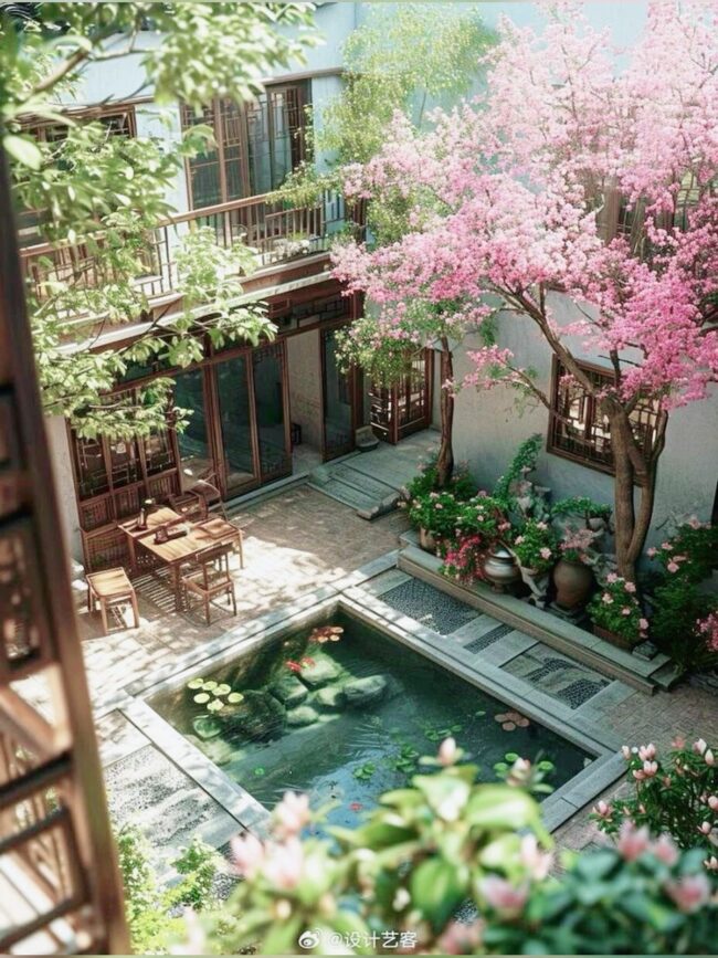 Blooming Courtyard Oasis With Aquatic Accents