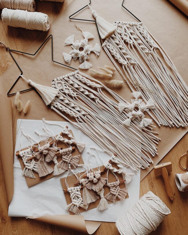 A Set of Macrame Wall Hangings & Holiday Ornaments