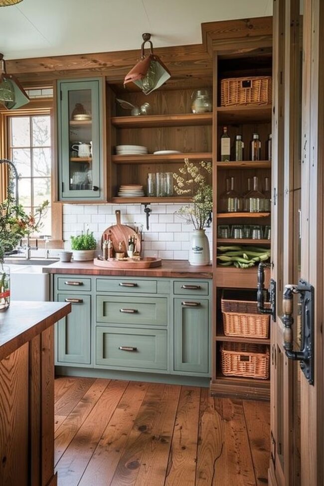 Rustic Green Cabinets with Warm Wood